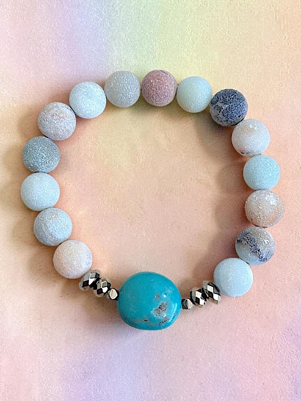 Hand Crafted Genuine Turquoise Center Bead Matte Amazonite Stretch Bracelet